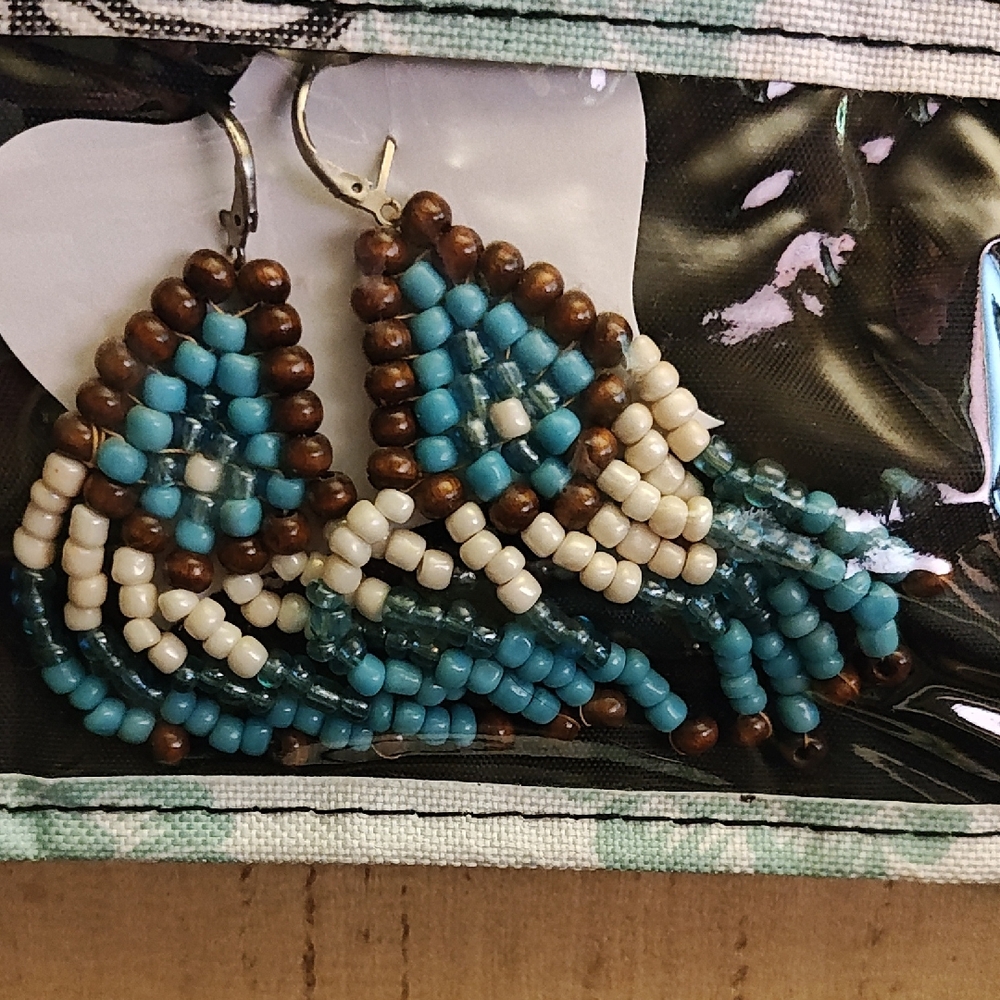 Handmade Turquoise & Brown Beaded Fringe Earrings